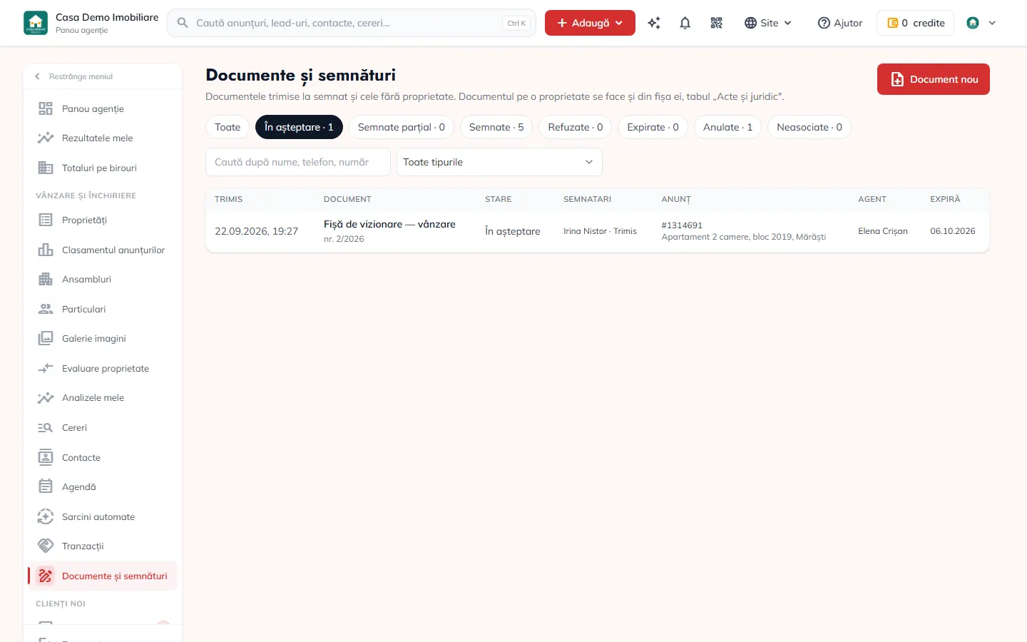 Documentele trimise la semnat, pe stări: în așteptare, semnate, refuzate, expirate.