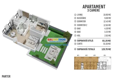 Apartament 3 camere/2 bai-Gradina 100mp-Boxa-Bucatarie mobilata - foto 16