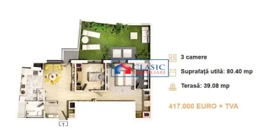 Vanzare apartament 3 camere, terasa de 40 mp bloc nou zona Centrala- Parcul Central - Cluj-Napoca