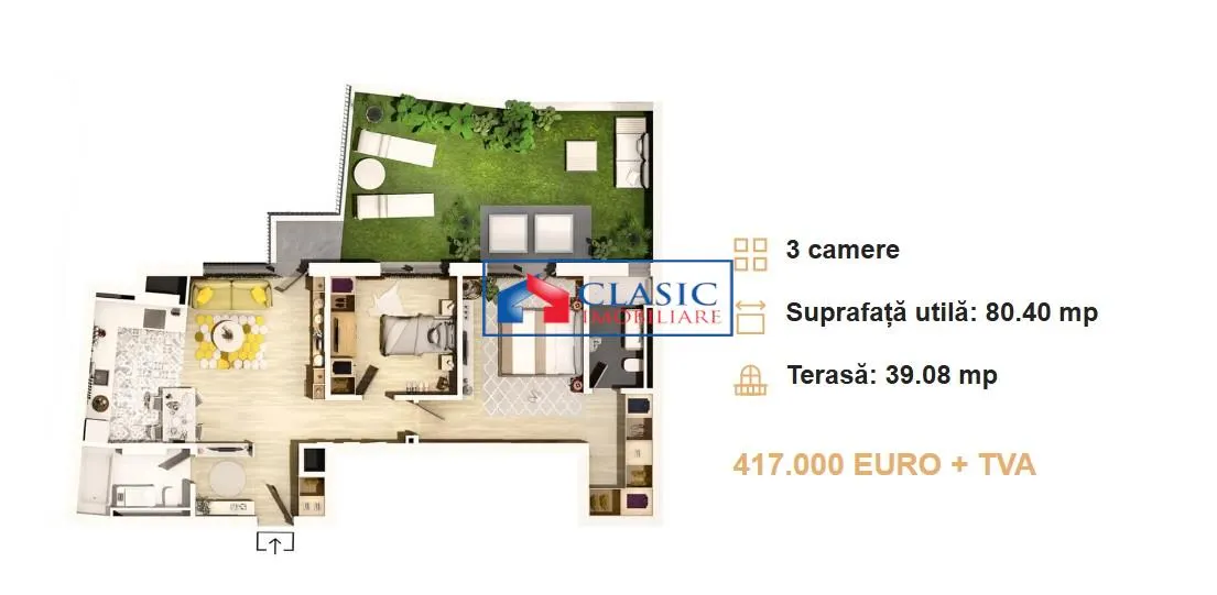 Vanzare apartament 3 camere, terasa de 40 mp bloc nou zona Centrala- Parcul Central - foto 1
