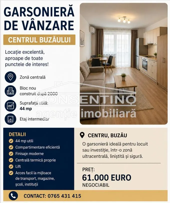 Garsoniera , bloc de apartam, Centru , 44 mp - foto 1