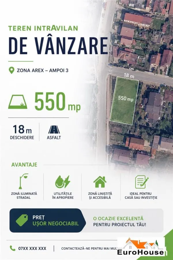 Teren Intravilan de Vanzare  Zona Arex, Ampoi 3 | 550 mp | 18 m Deschidere - foto 1