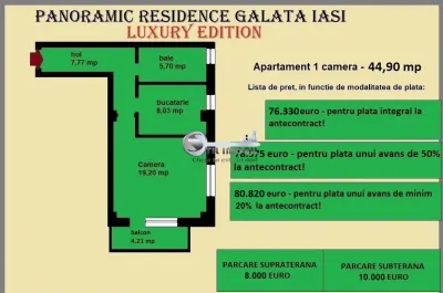 Apartament 1 camera de vanzare in Iasi, Galata, 44,90 mp, baie cu geam - foto 2