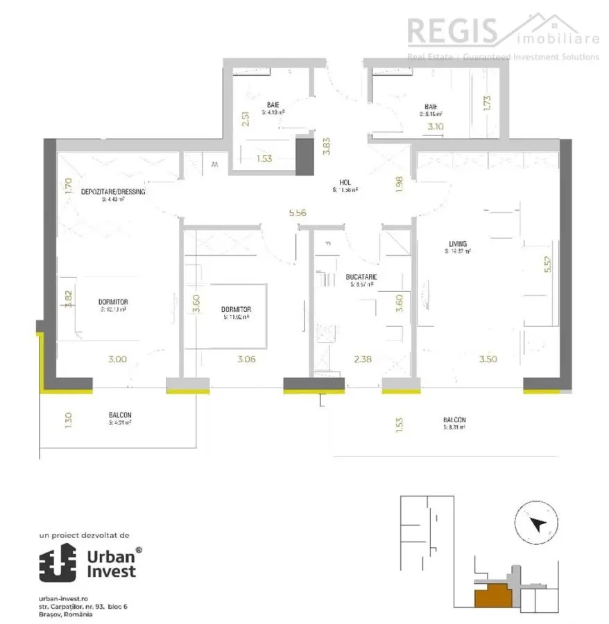 Apartament 3 camere de închiriat | Urban Plaza Brașov | loc de parcare | 2 balcoane - foto 14