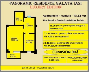 Apartament 1 camera de vanzare in Iasi, Galata, 43,12 mp, bloc nou - foto 2