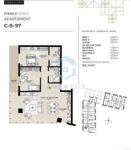 APARTAMENT 3 CAMERE | 88,10 MP + BALCON 9 MP | ETAJ 10 | SDC COSAȘILOR | CLUJ-NAPOCA - foto 2
