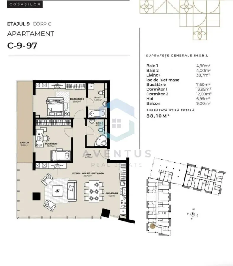 APARTAMENT 3 CAMERE | 88,10 MP + BALCON 9 MP | ETAJ 10 | SDC COSAȘILOR | CLUJ-NAPOCA - foto 2
