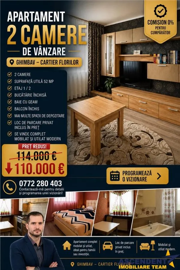 Apartament 2 camere decomandat mobilat si utilat, cu parcare privata in Cartierul Florilor, Ghimbav - foto 1
