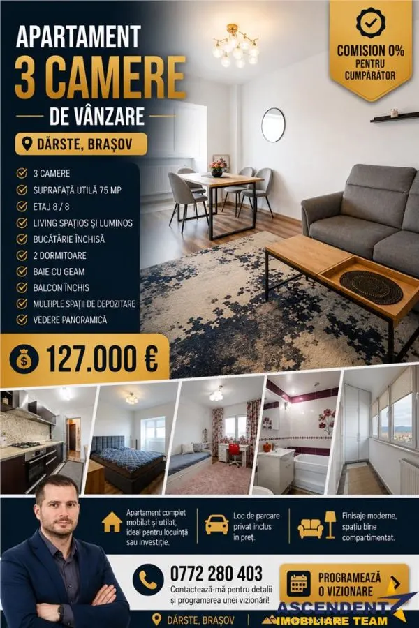 Apartament de 3 camere mobilat si utilat modern, structura decomandata - foto 1