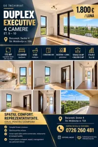 DUPLEX EXECUTIVE | 175 MP | TERASA 29 MP | 4 CAMERE | 3 BAI | 1.800 € / LUNA - Bucuresti
