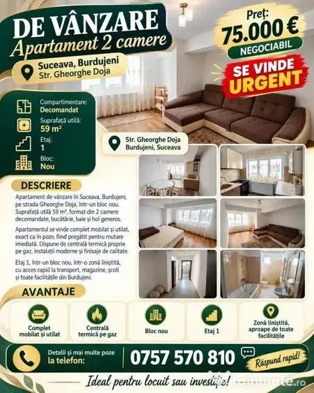 Apartament 2 camere, decomandat, Burdujeni - Suceava